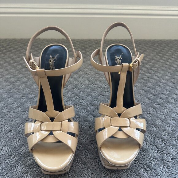 YSL Tribute Platform Sandals Nude Patent Leather Size 38.5